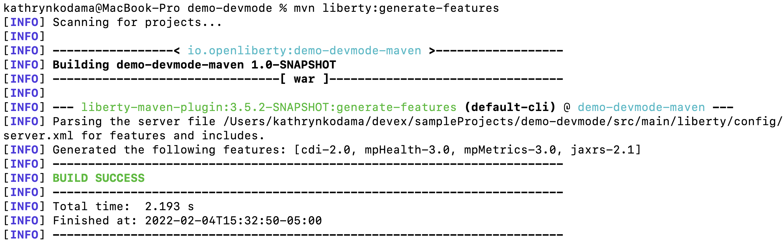 Open Liberty Maven Plugin generate-features standalone goal