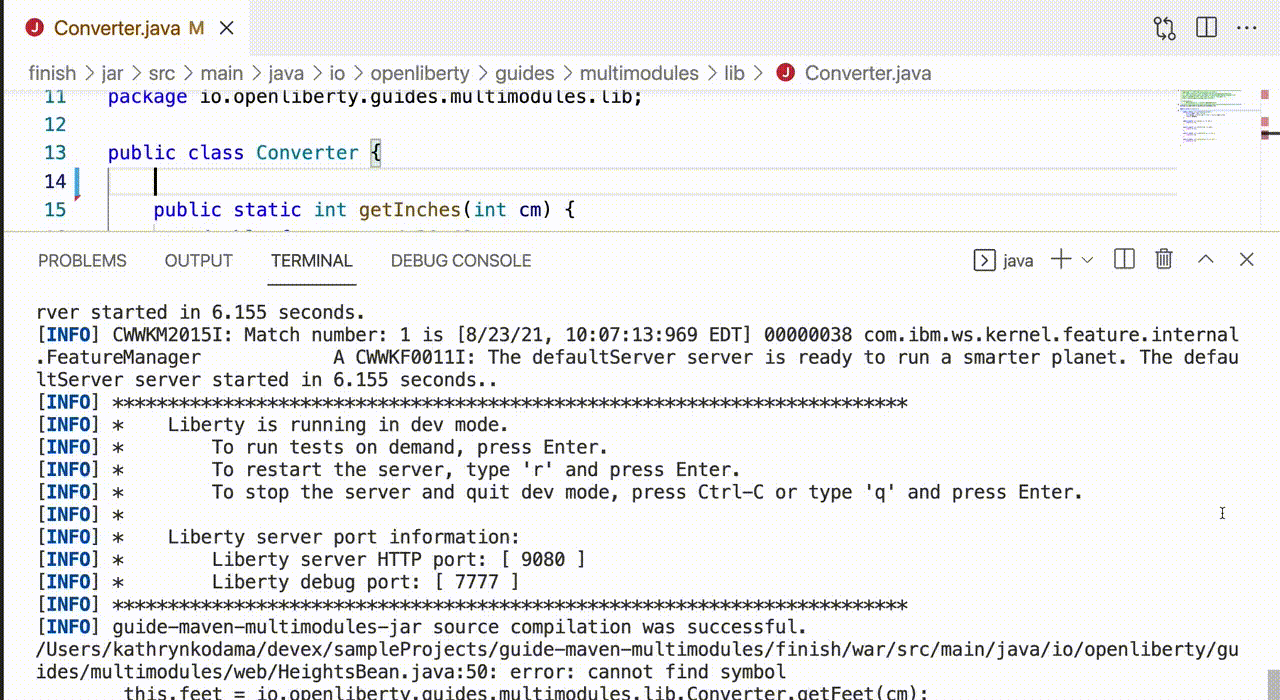 Changing a Java file while dev mode is running on a multi-module project